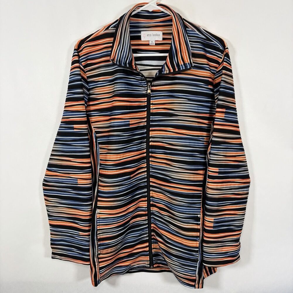 Erin London Full Zip Jacket Womens Size XL Orange Blue Geometric Stripes Pockets
